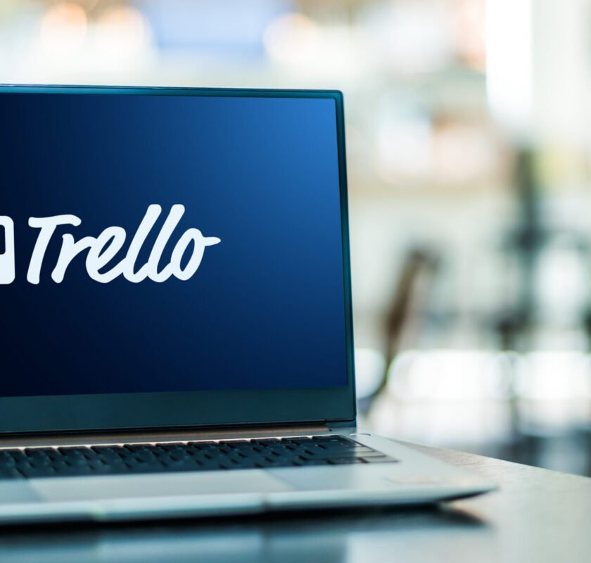 Laptop computer displaying logo of Trello